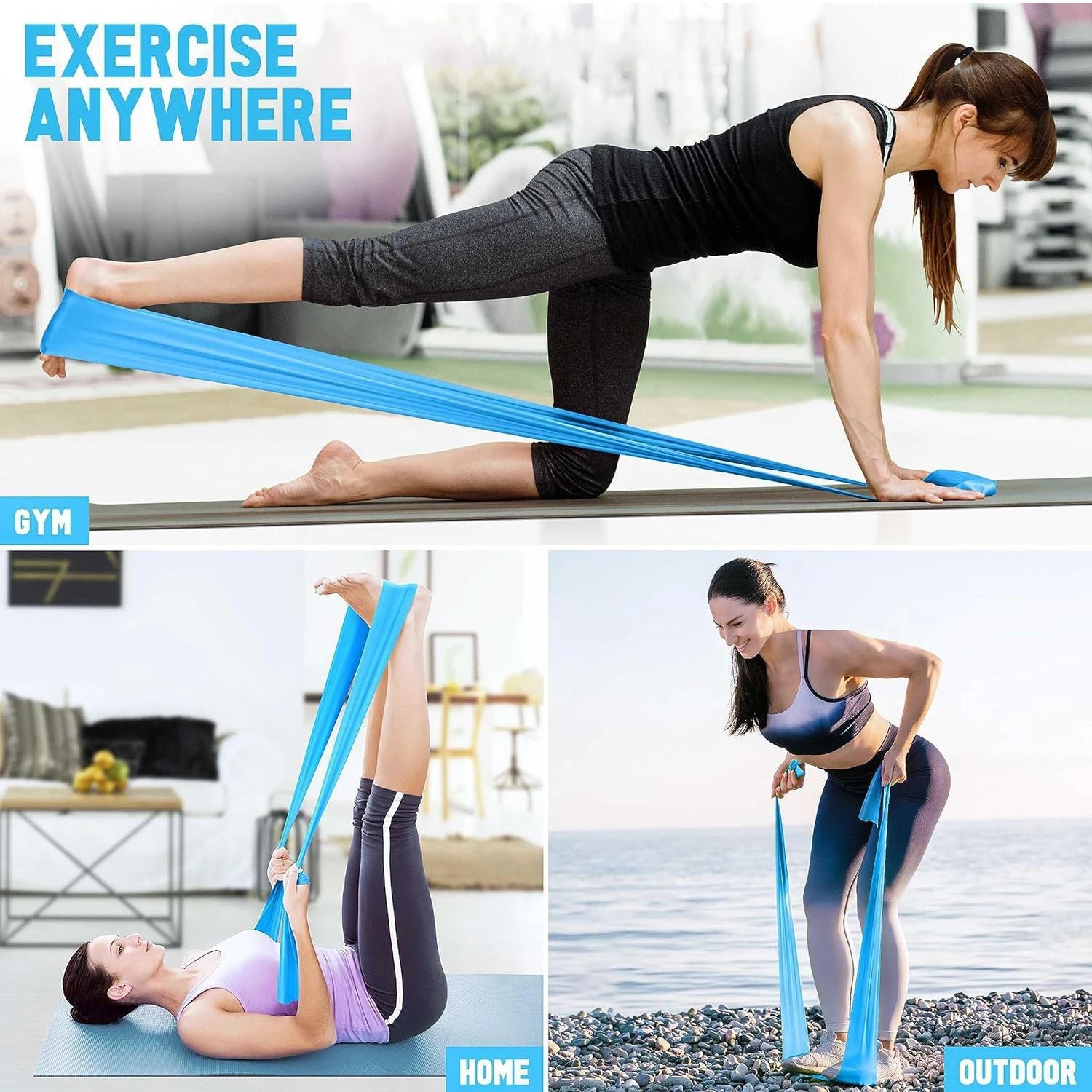 Blue Yoga Pilates Resistance Band Long Training Stretch Bands for Physical Therapy Lower Body Home Gym Strength Elastic Exercise Band